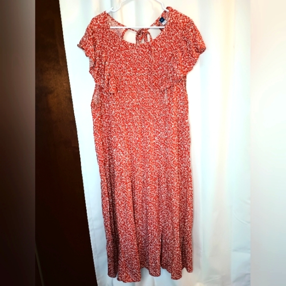 Old Navy 4X Peasant Maxi Dress Brick Red Floral Smocked Ruffle Fall Cottagecore